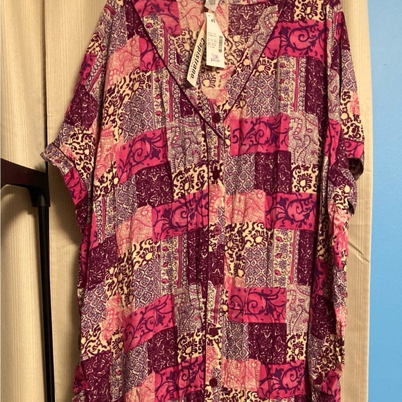 Capistrano Dresses & Skirts - Capistrano Pink Purple Patchwork V-Neck Dress Short Sleeve Shift Shirt Sundress